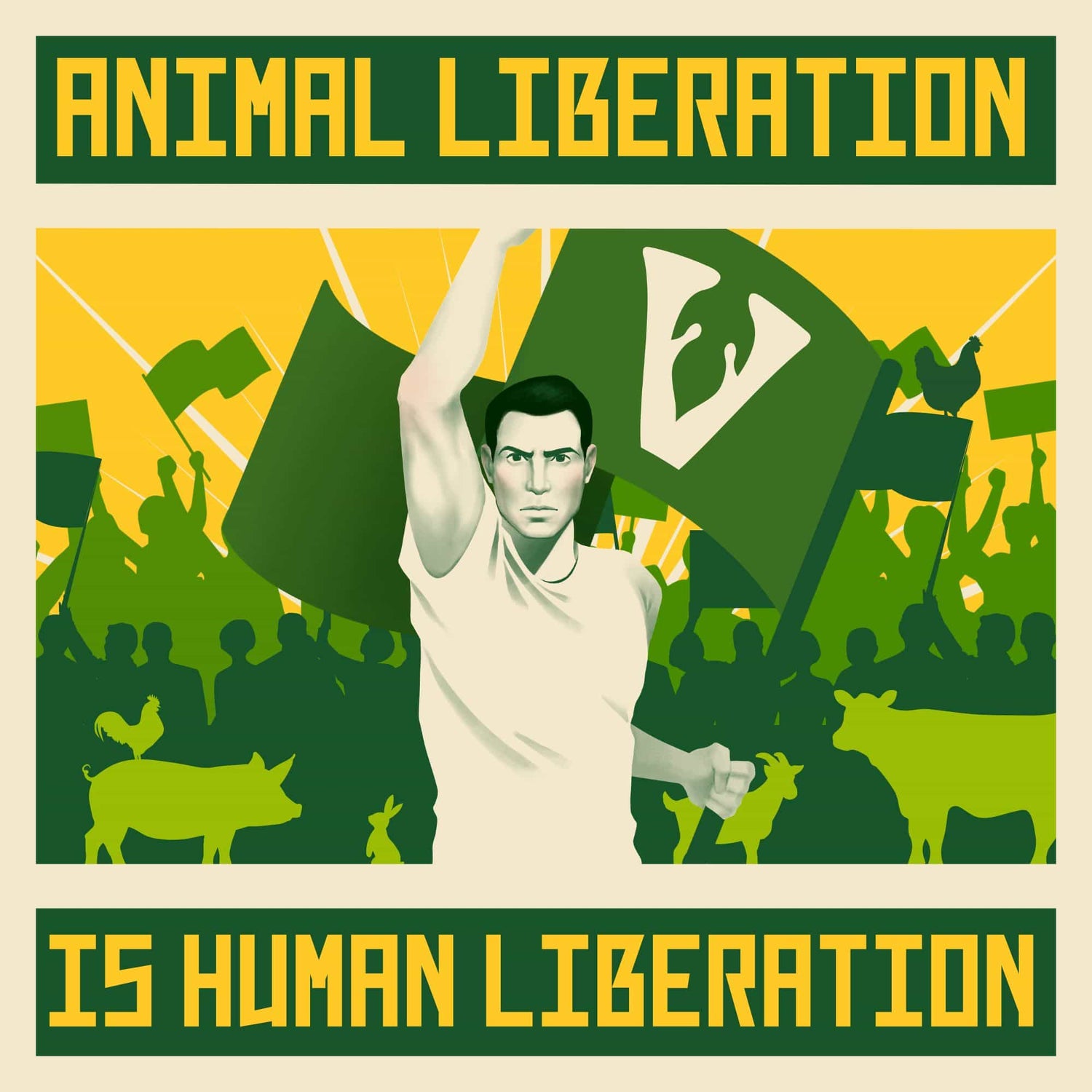 man in front of crowds of humans and animals, raising his fist and holding a veg nation flag