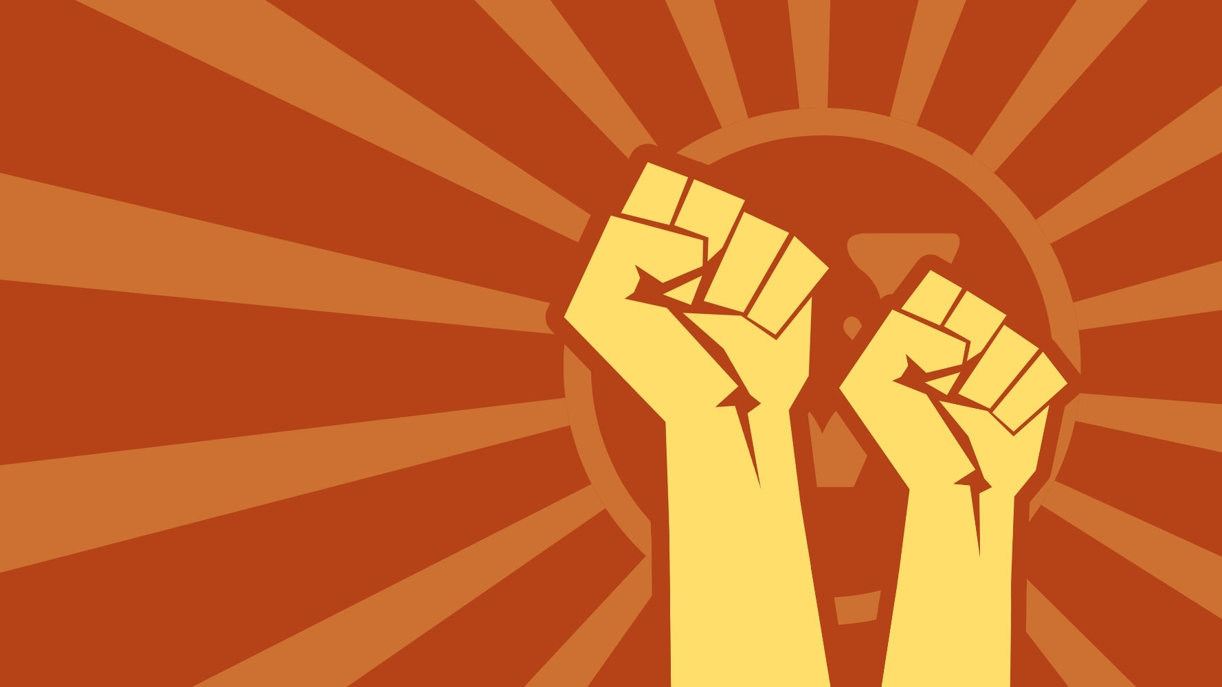 Two raised fists against a red sunburst background