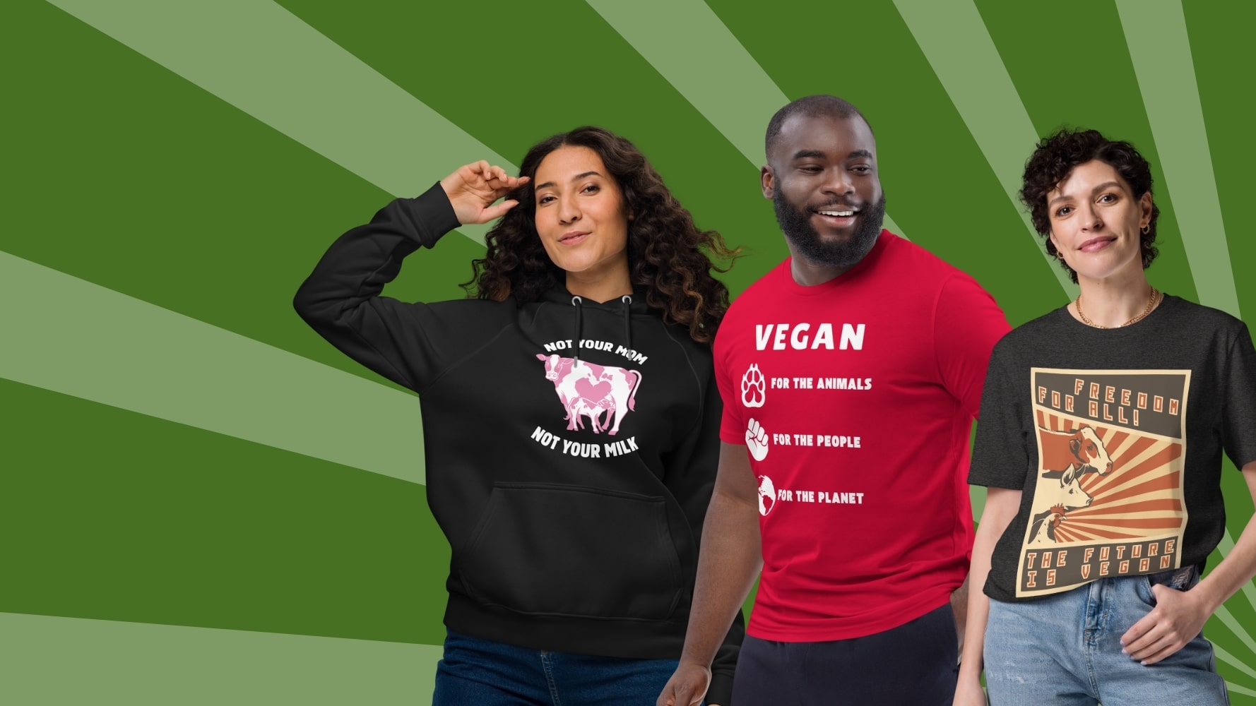 Three people wearing t-shirts with various pro-animal rights messages on a green sunburst background